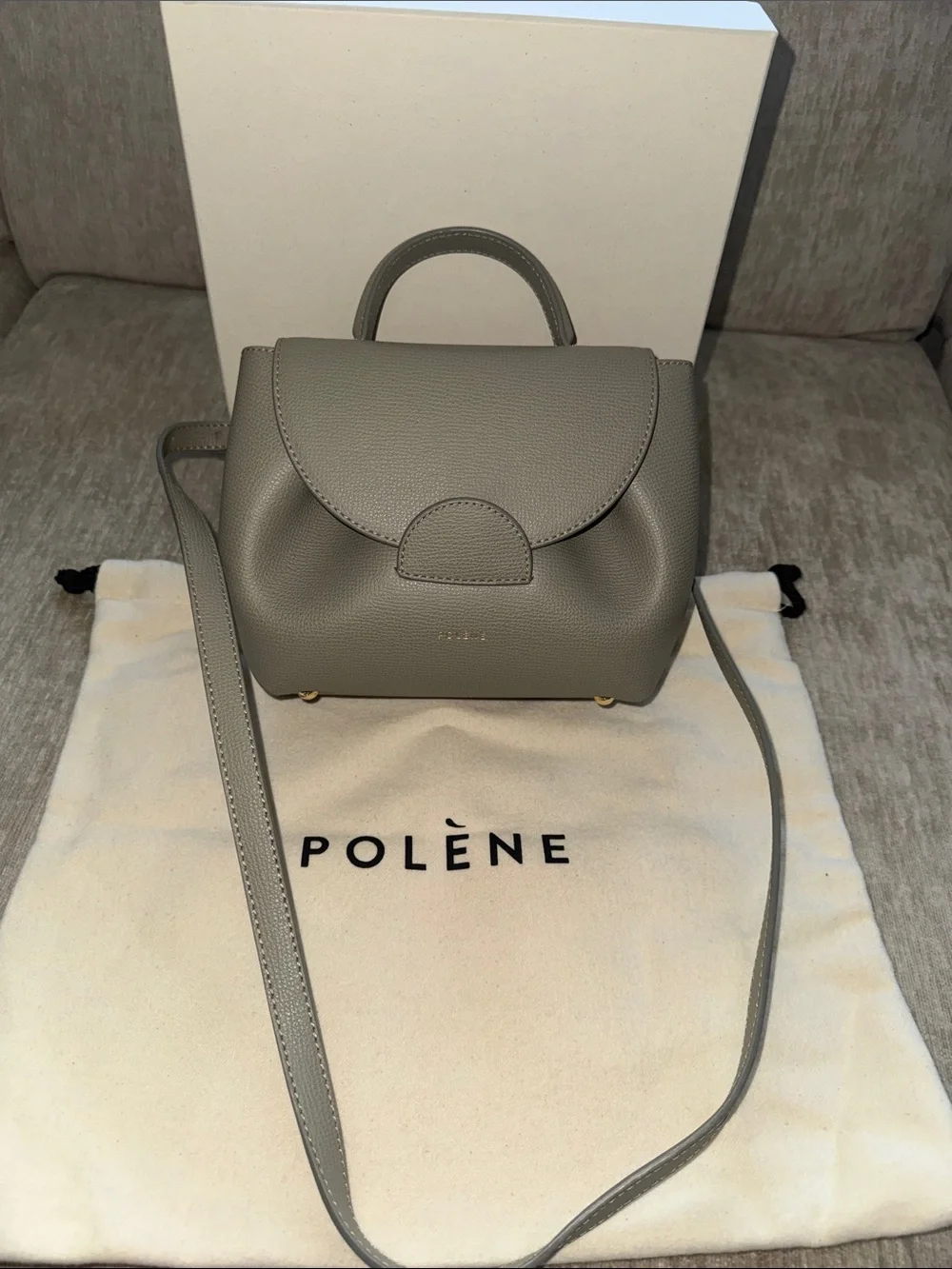 Polène Taupe Leather Mini Satchel with Top Handle